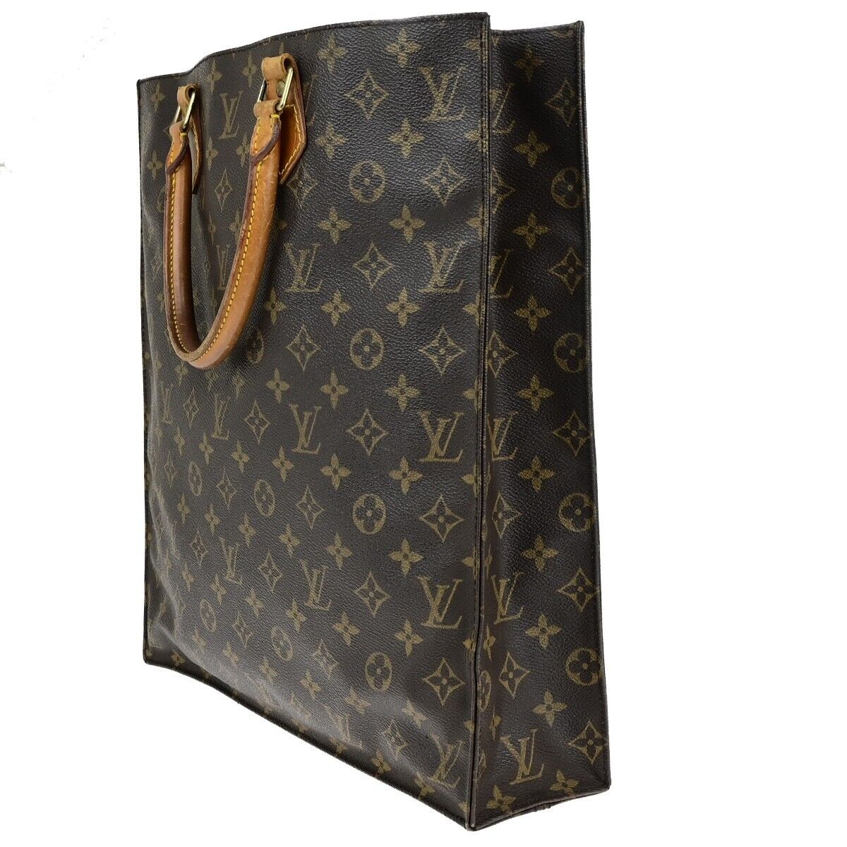LOUIS VUITTON Logo Sac Plat Hand Tote Bag Monogram Leather Brown M51140 35ED420