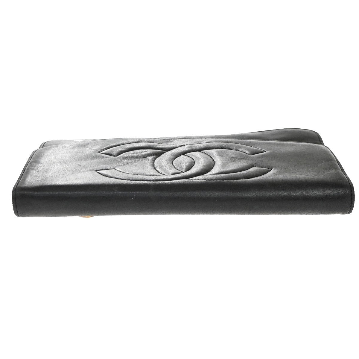 CHANEL CC Logo Long Bifold Wallet Leather Black GHW Vintage 35RF726
