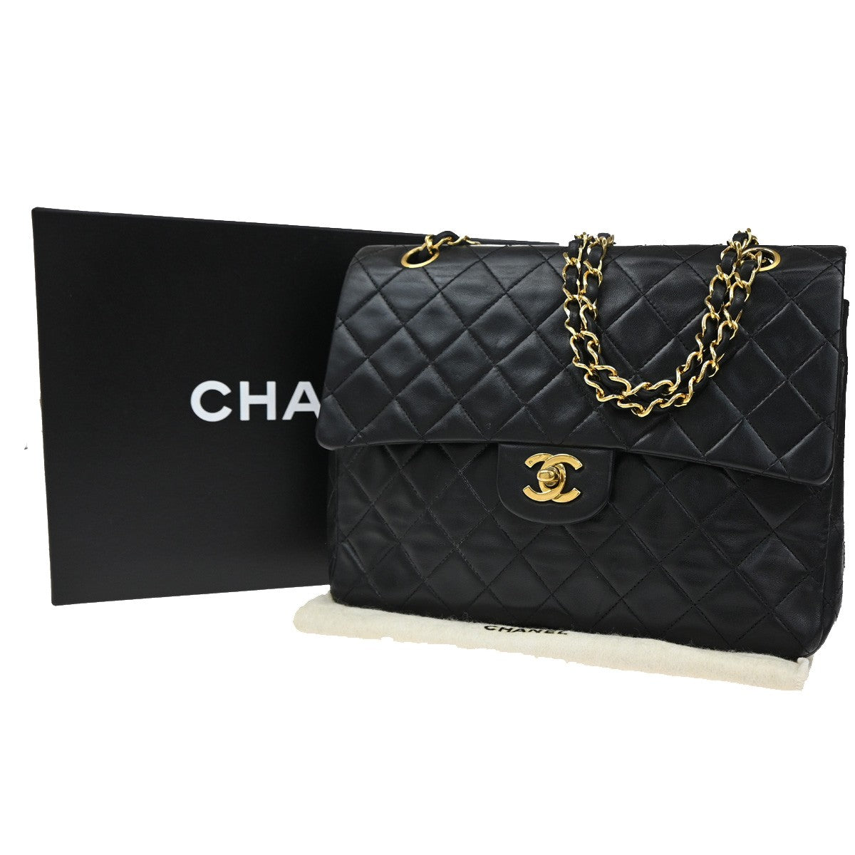 CHANEL CC Matelasse 25 Double Flap Chain Shoulder Bag Leather Black GHW 356RL110