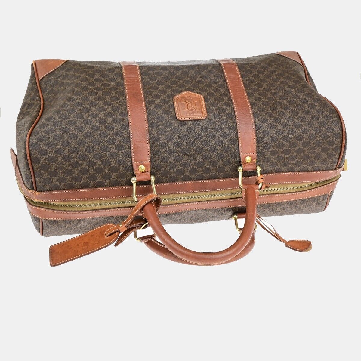 CELINE Macadam Pattern Travel Hand Bag PVC Leather Brown Gold Italy 64EB372