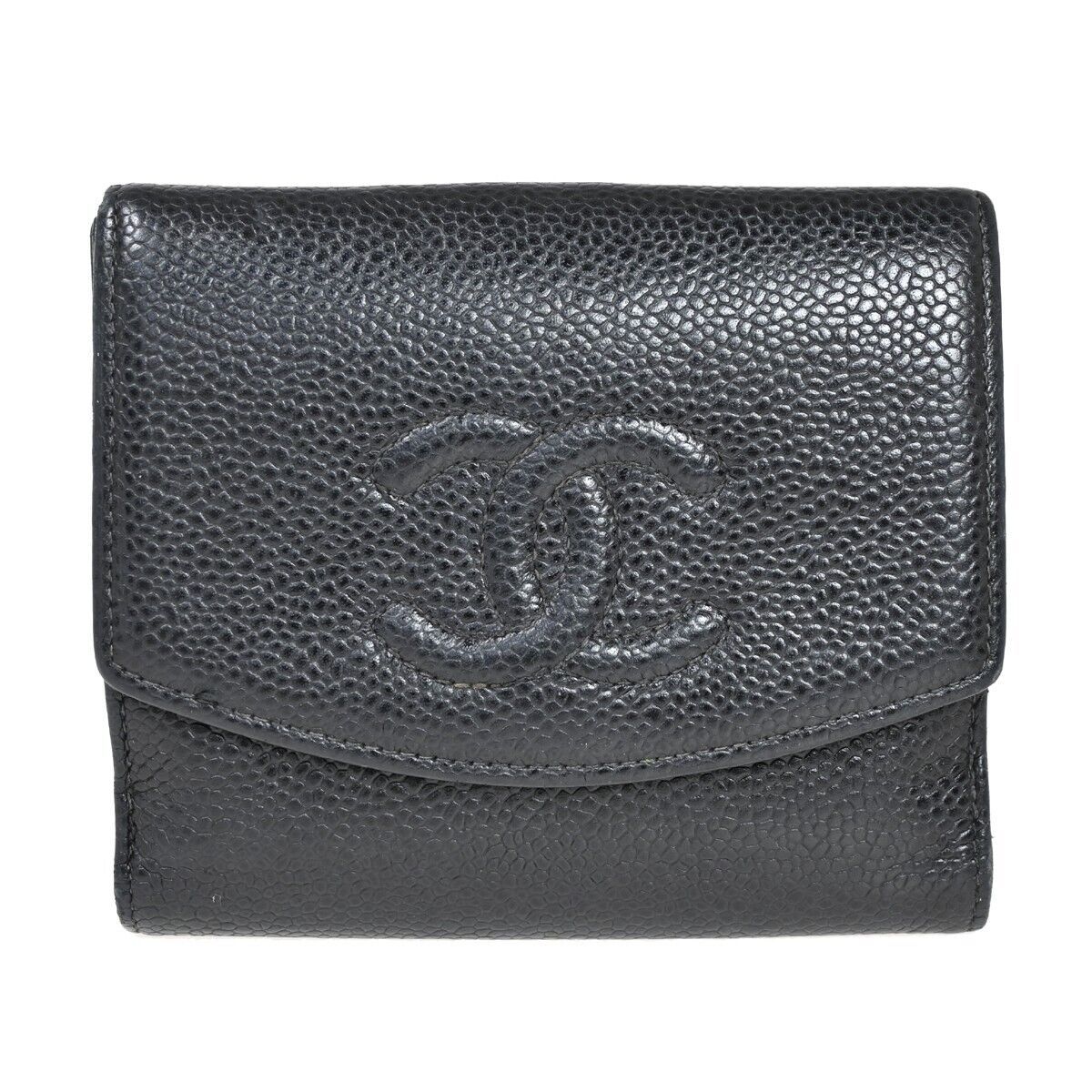 CHANEL CC Logo Bifold Wallet Purse Caviar Skin Leather Black France 68HB308