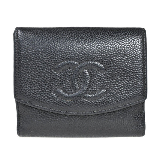 CHANEL CC Logo Bifold Wallet Purse Caviar Skin Leather Black France 68HB308