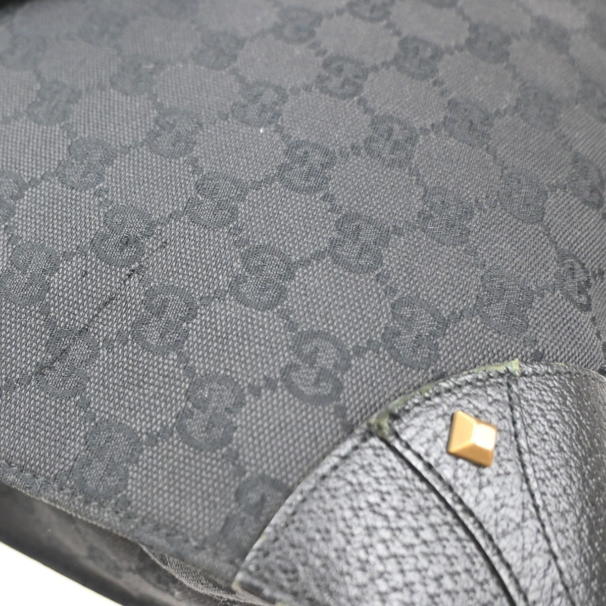 Gucci GG  Pattern Nailhead Tote Hand Bag Black Canvas Leather Italy 31SA080