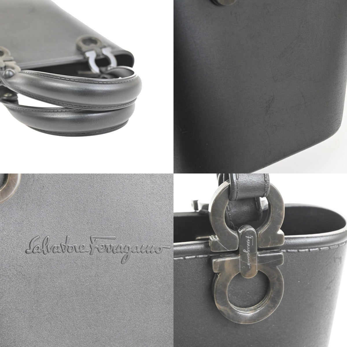 SALVATORE FERRAGAMO Gancini Mini Hand Bag Rubber Leather Black SHW 76TA619