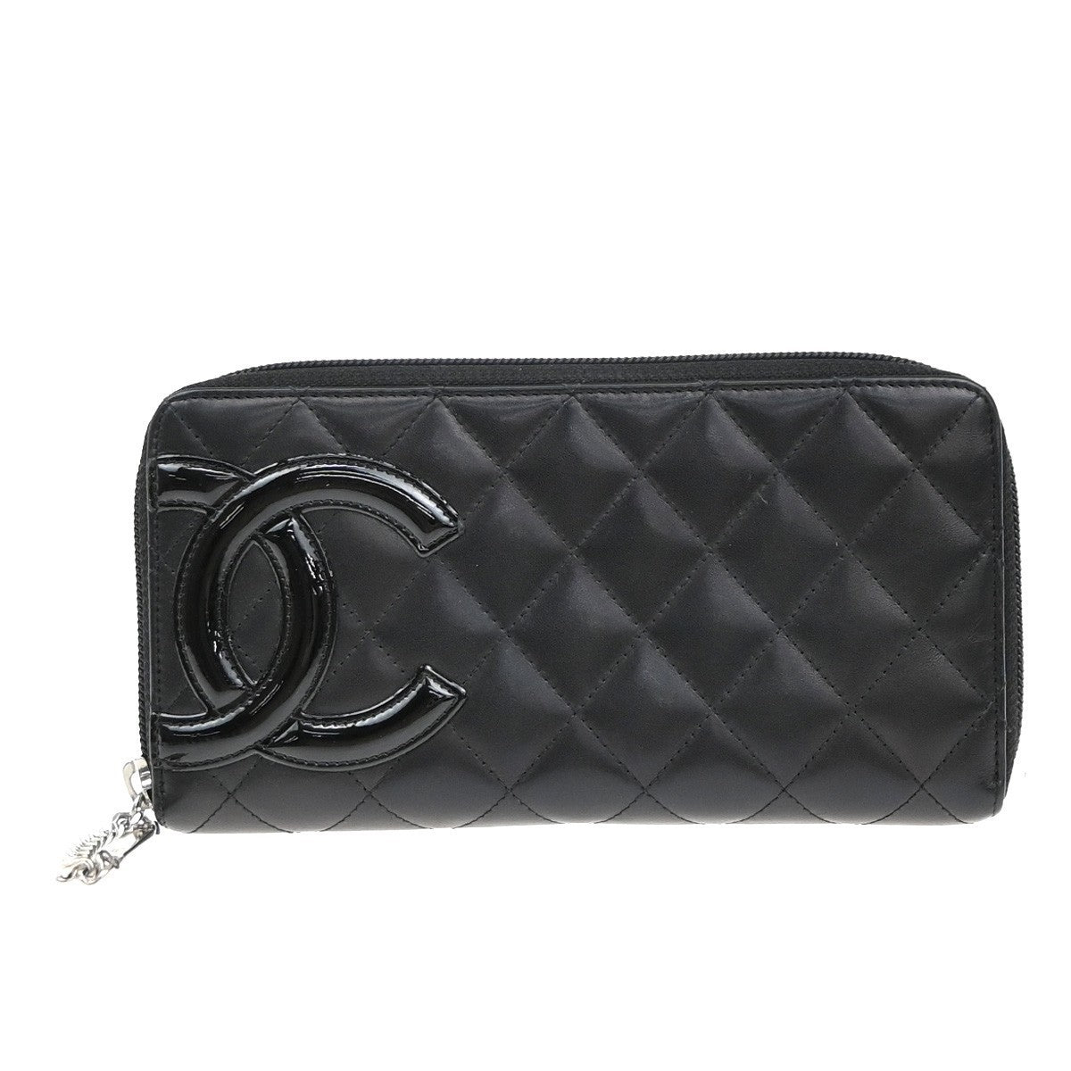 CHANEL CC Cambon Long Zipper Bifold Wallet Patent Leather Black SHW 13RF962