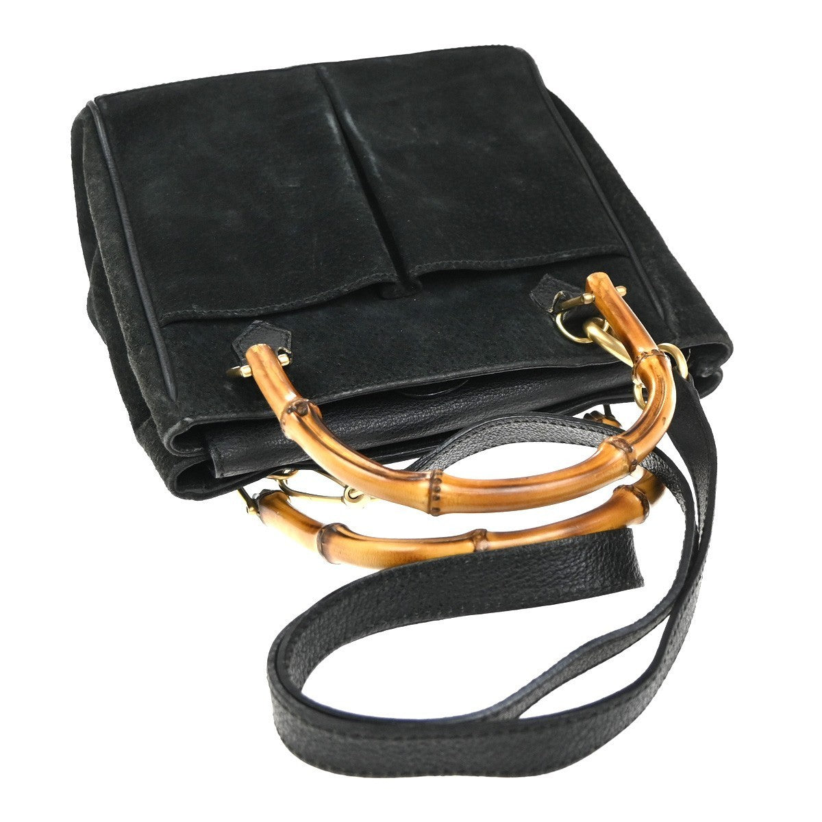GUCCI Logo Bamboo 2Way Shoulder Hand Bag Suede Leather Black GHW Italy 64KP435