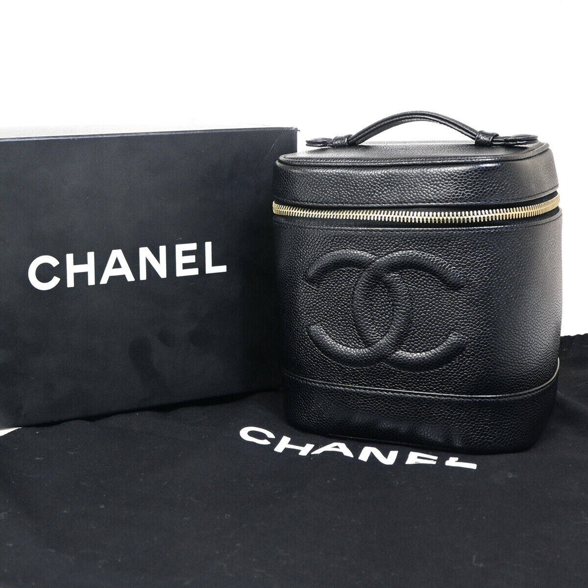 CHANEL CC Logo Vanity Hand Bag Caviar Skin Leather Black GHW France 59RJ911
