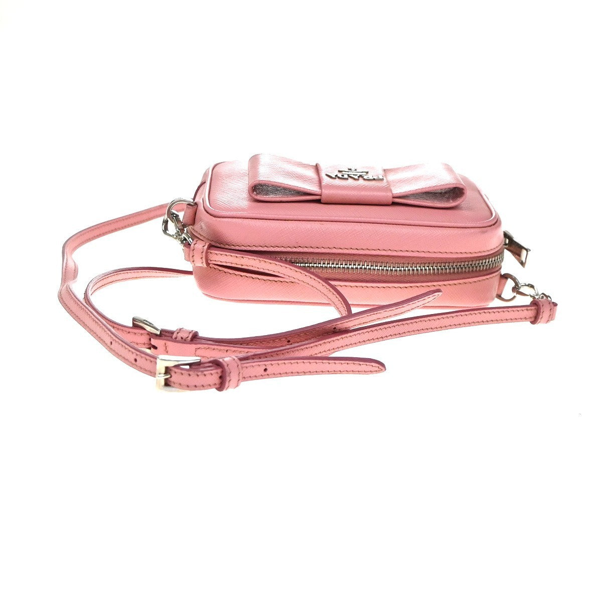 PRADA Logo Saffiano Fiocco Bow Min Shoulder Bag Leather Pink SHW Italy 74YH967