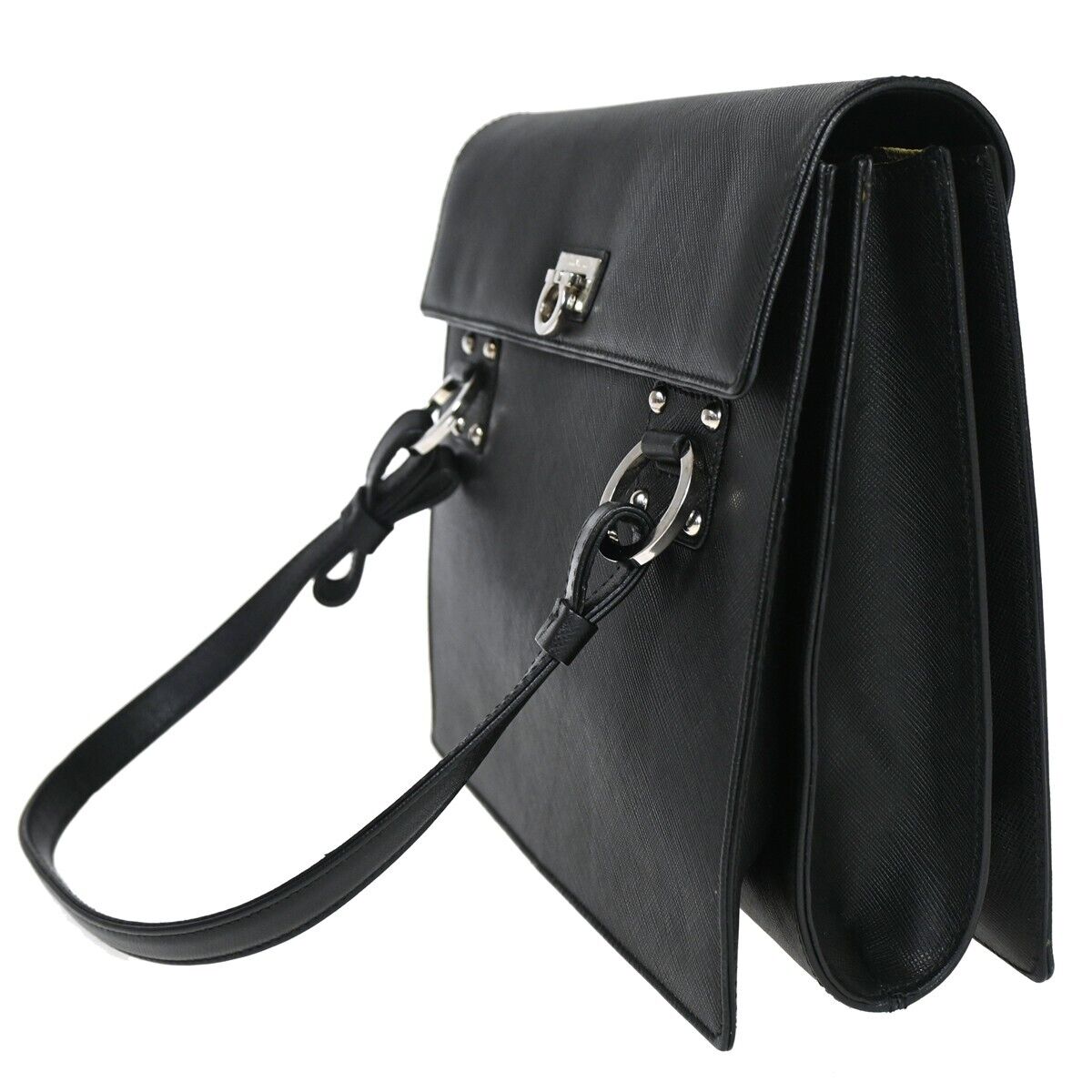 SALVATORE FERRAGAMO Gancini Hand Bag Leather Black Silver Made in Italy 62HB100