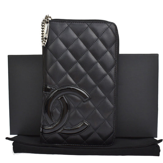 CHANEL CC Logo Cambon Long Bifold Wallet Leather Black Pink Italy 96RH498
