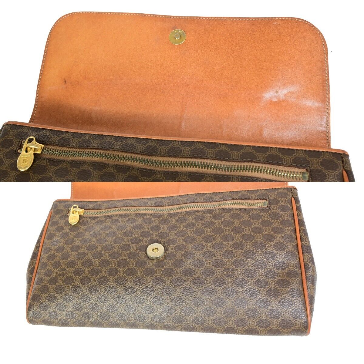 CELINE Logo Macadam Pattern Clutch Bag PVC Leather Brown GHW Italy 01EB540