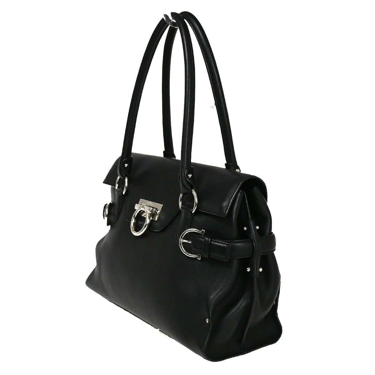 SALVATORE FERRAGAMO Logo Gancini Shoulder Bag Leather Black SHW Italy 31YD105