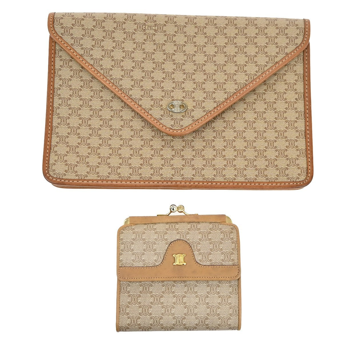 CELINE 2 Set Macadam Pattern Clutch Bag Compact Wallet PVC Leather Brown 02EG244