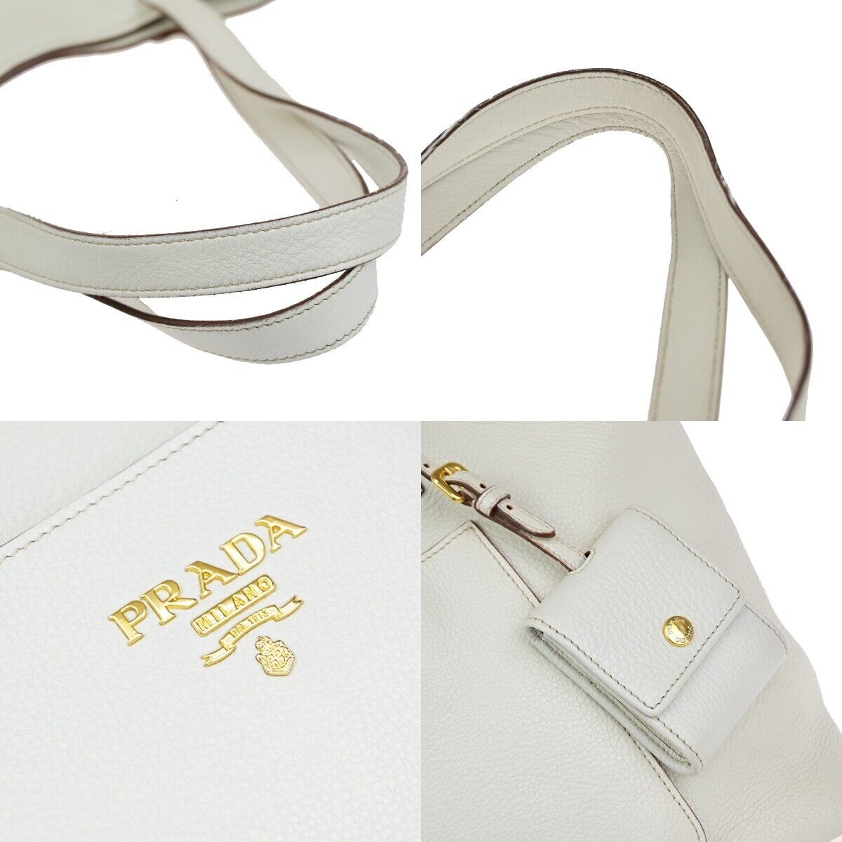 PRADA MILANO Logo Shoulder Hand Tote Bag Leather White Gold 86KA230