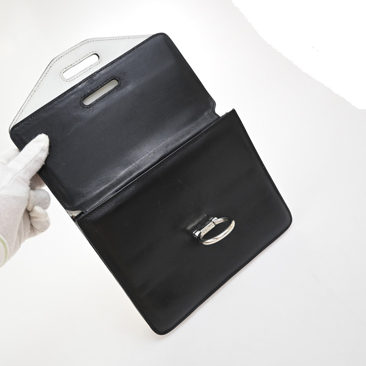 CELINE Logo Bicolor Double Flap Hand Bag Leather Black White Italy 80EG224