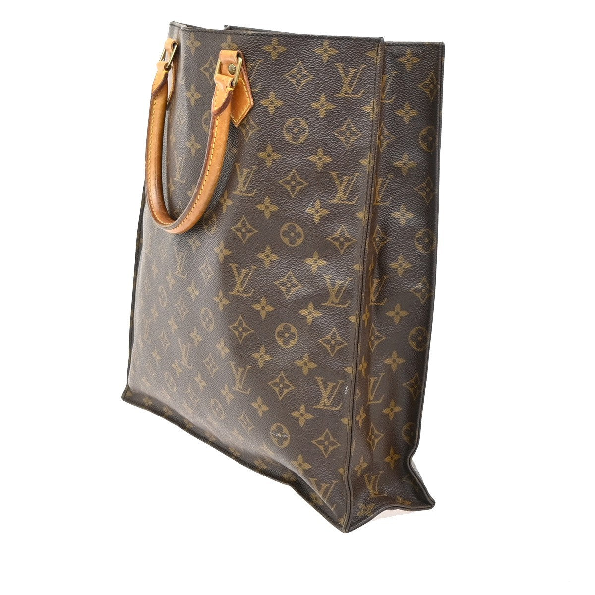 LOUIS VUITTON Logo Sac Plat Hand Tote Bag Monogram Leather Brown M51140 62ZA260