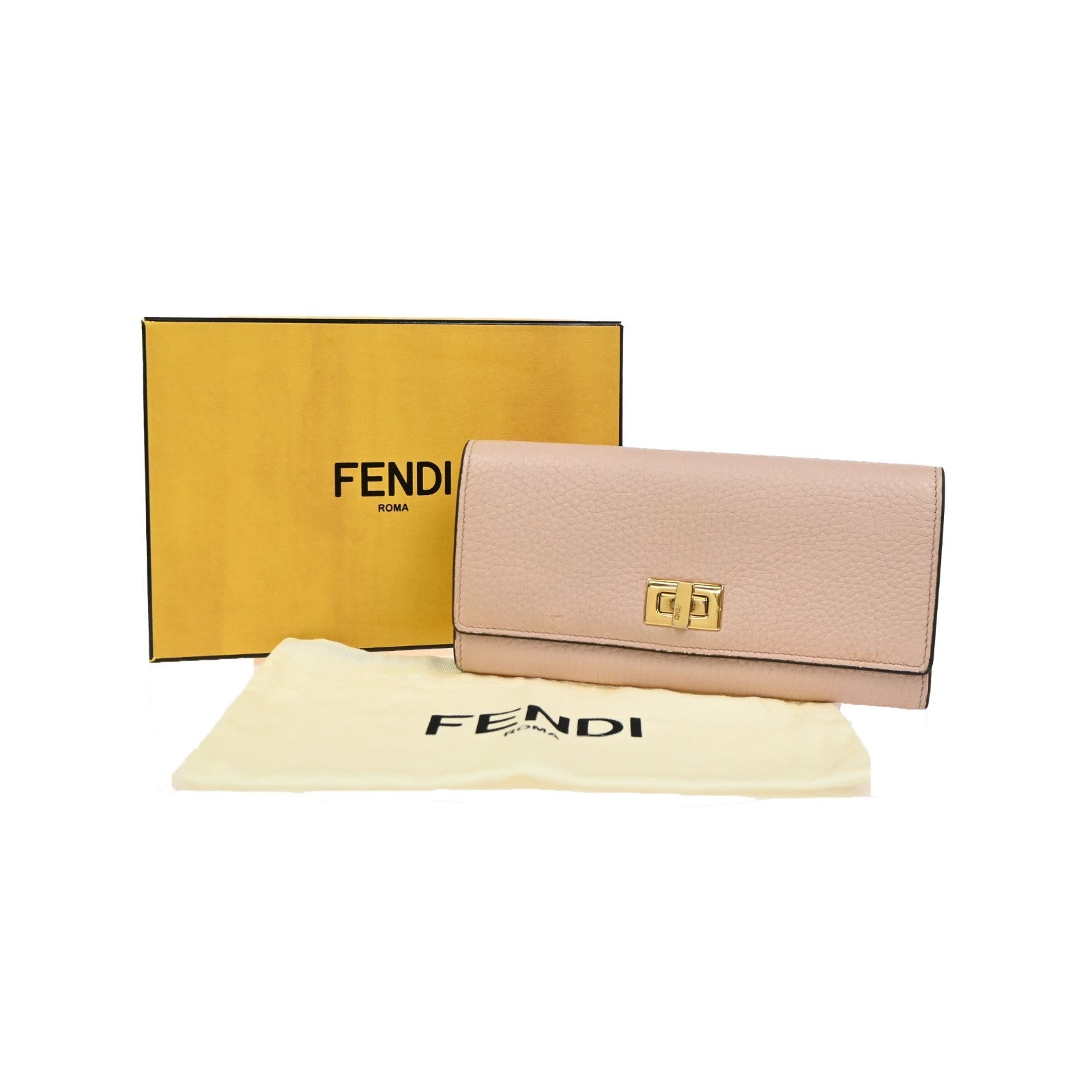 FENDI Logo Peekaboo Bifold Turn Lock Long Wallet Leather Pink Italy GHW 61KC929