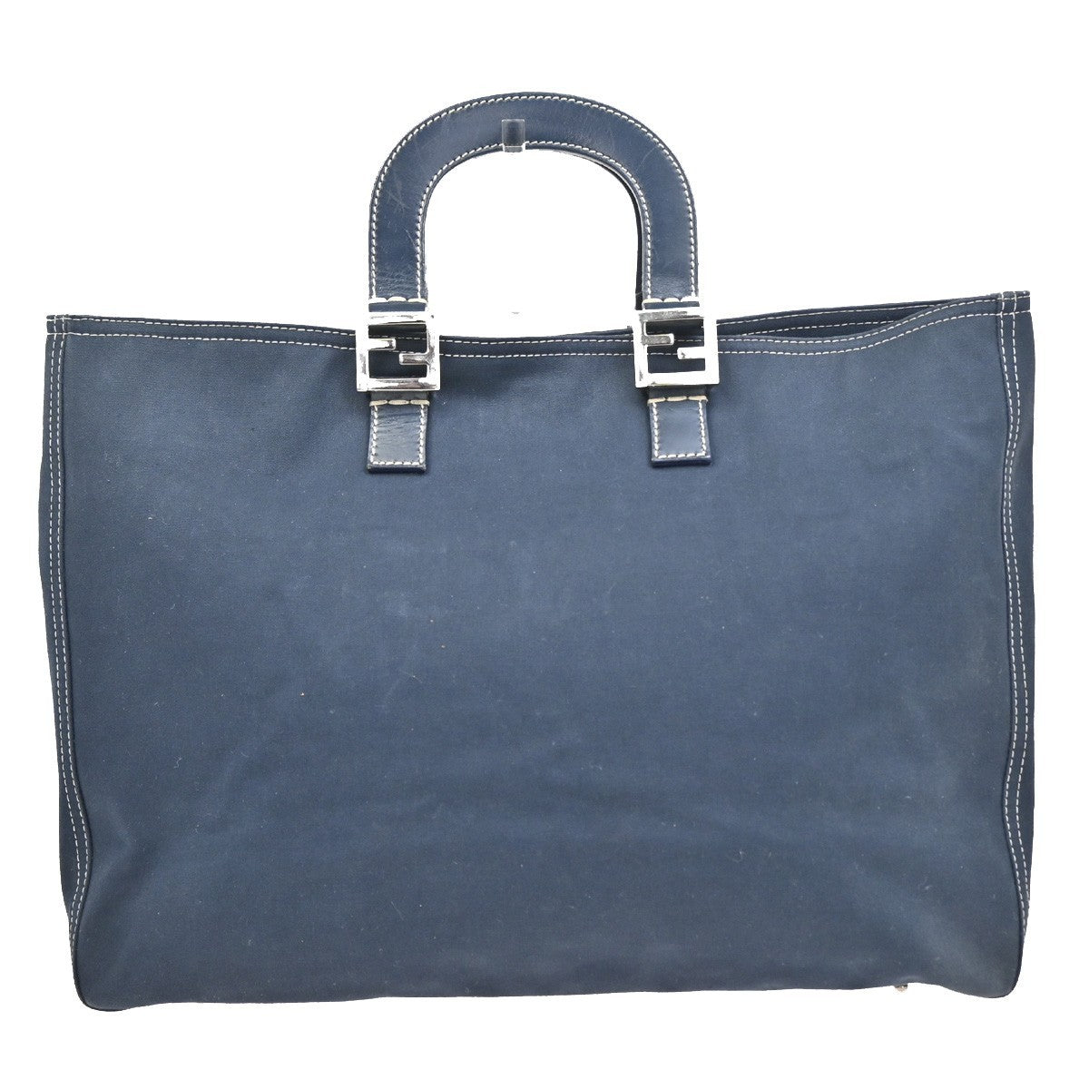 FENDI FF Logo Hand Bag Tote Bag Canvas Demin Leather Navy Blue Italy 78ZA127