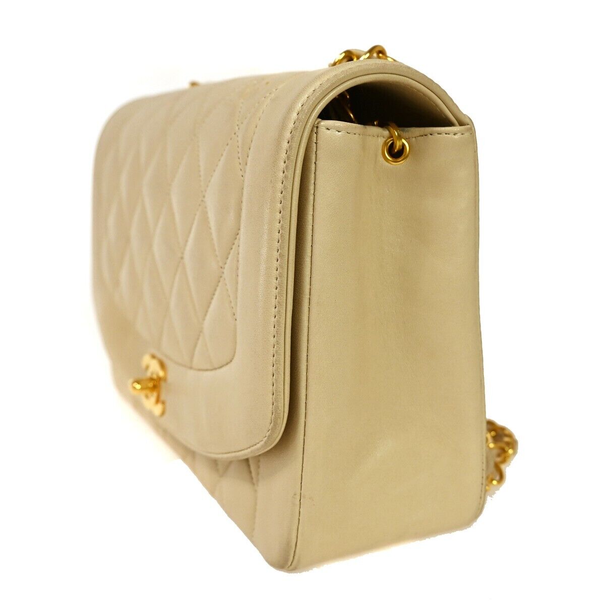 CHANEL CC Logo Diana Matelasse 25 Chain Shoulder Bag Leather Beige GHW 898RH912