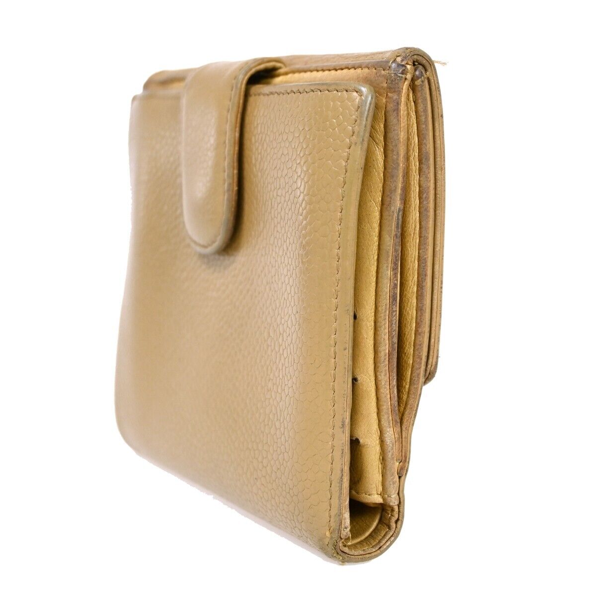 CHANEL CC Logo Bifold Wallet Purse Caviar Skin Leather Beige France 05HB310