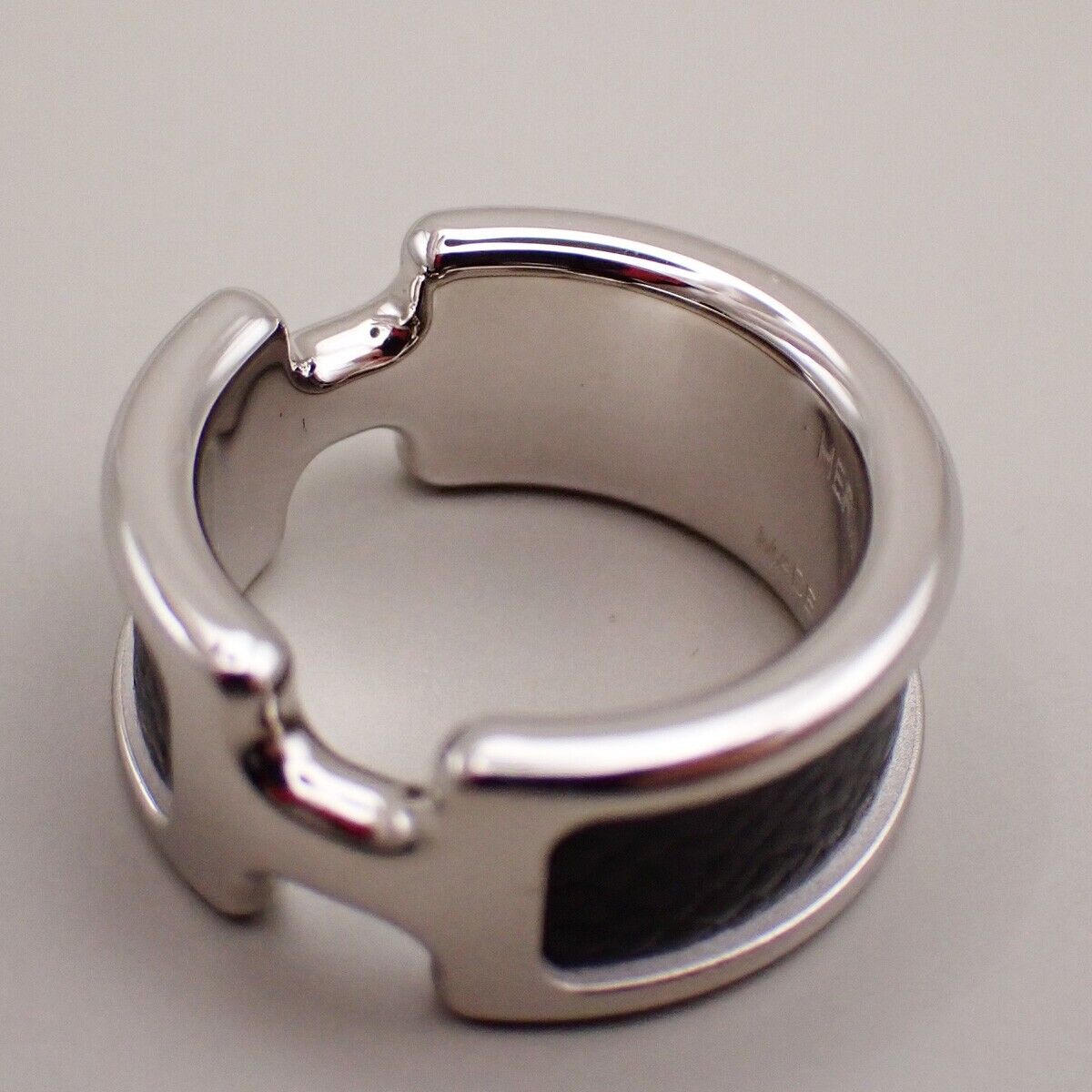 HERMES Olympe Ring XS Palladium Plated Calf Skin Leather Black Silver 30YG575
