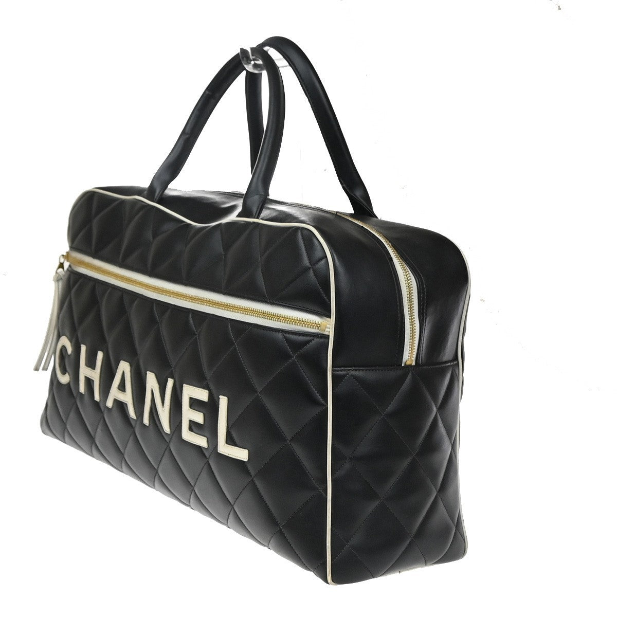 43.Live CHANEL Matelasse Travel Boston Hand Bag Leather Black France 338RQ053
