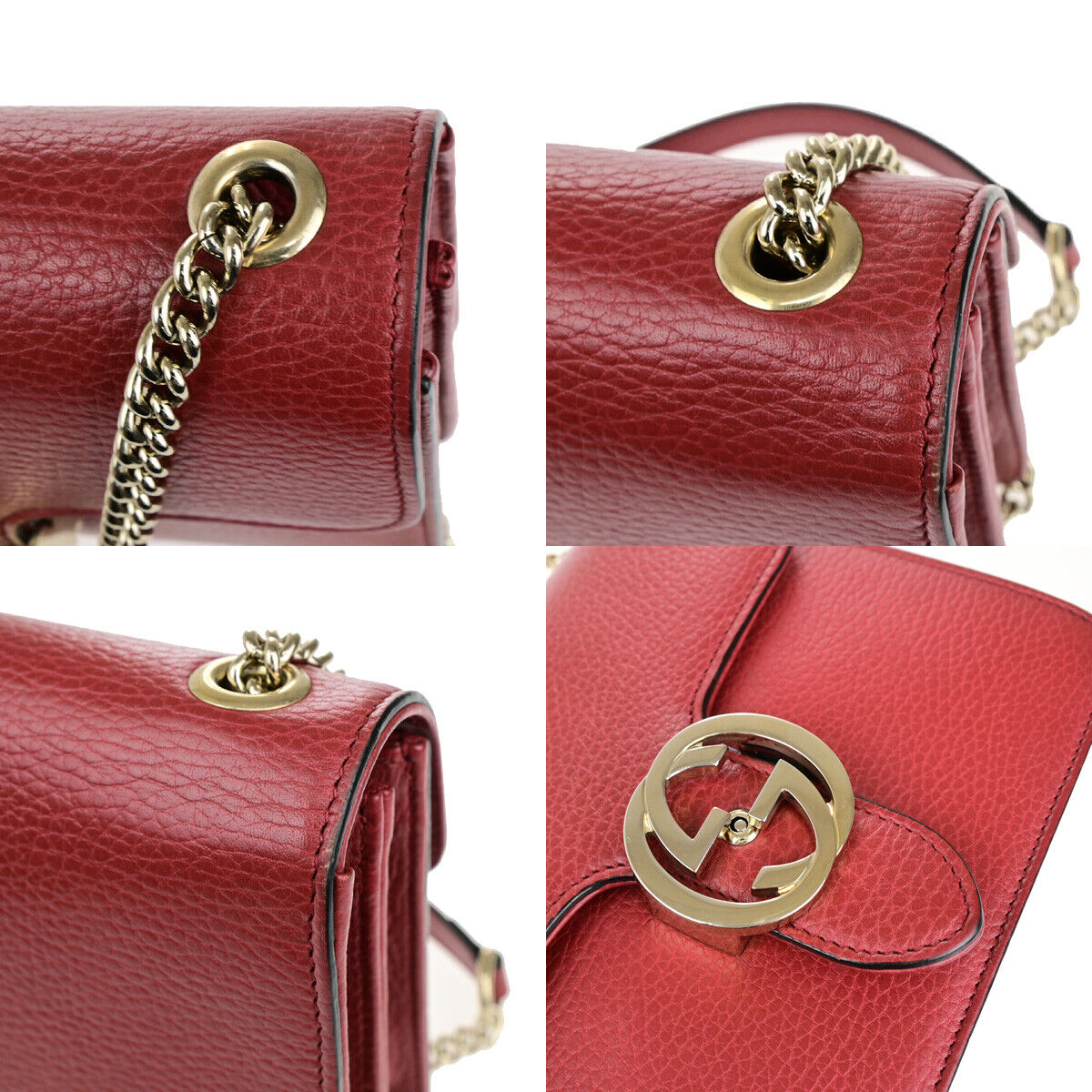 GUCCI Logo Interlocking G Chain Mini Shoulder Bag Leather Red GHW Italy 52YG617