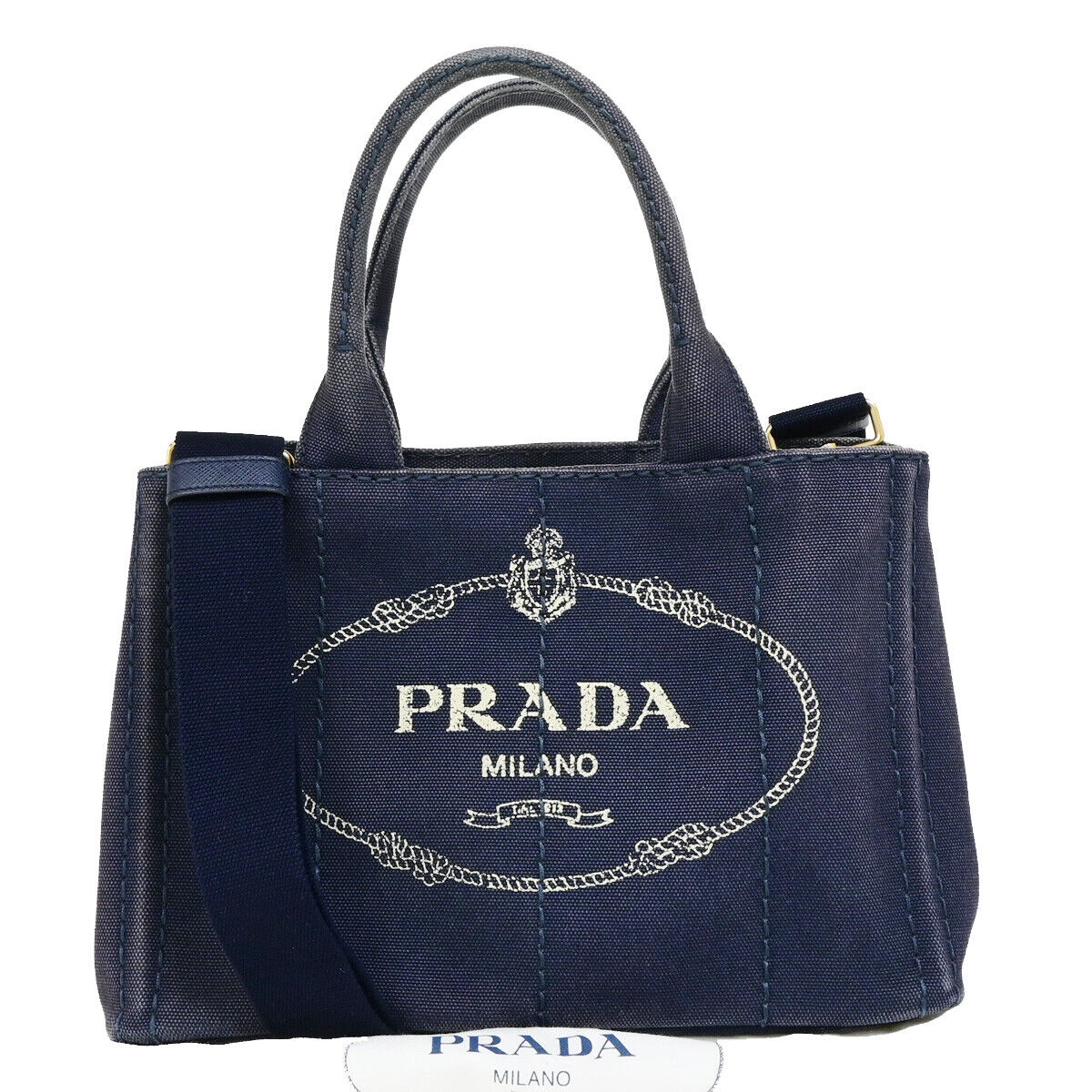 PRADA Logo CANAPA 2Way Shoulder Hand Bag Canvas Leather Navy Blue GHW 86SJ071