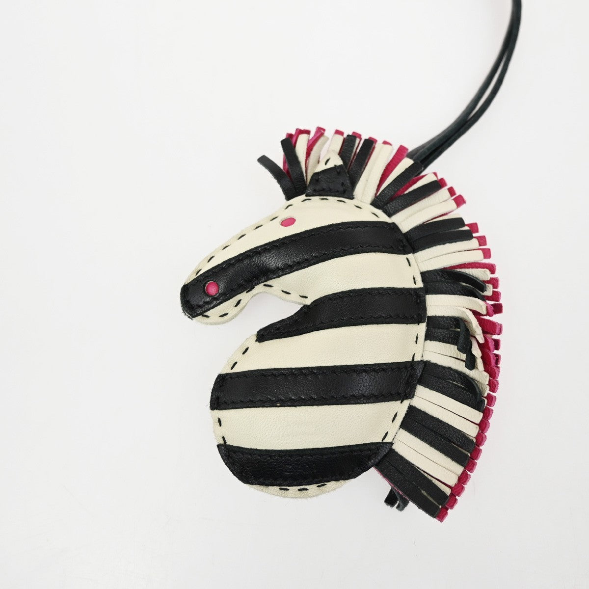 HERMES Zebra ZZ Savannah Strap Bag Charm Lambskin Leather Black White 73RL531