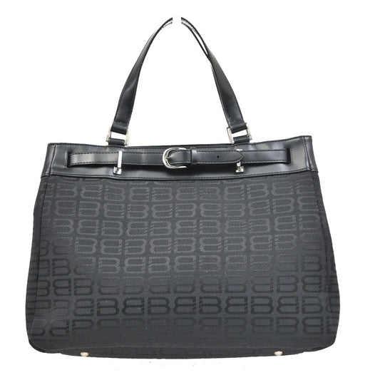 BALENCIAGA Logo BB Pattern Tote Hand Bag Canvas Leather Black SHW 67KD106