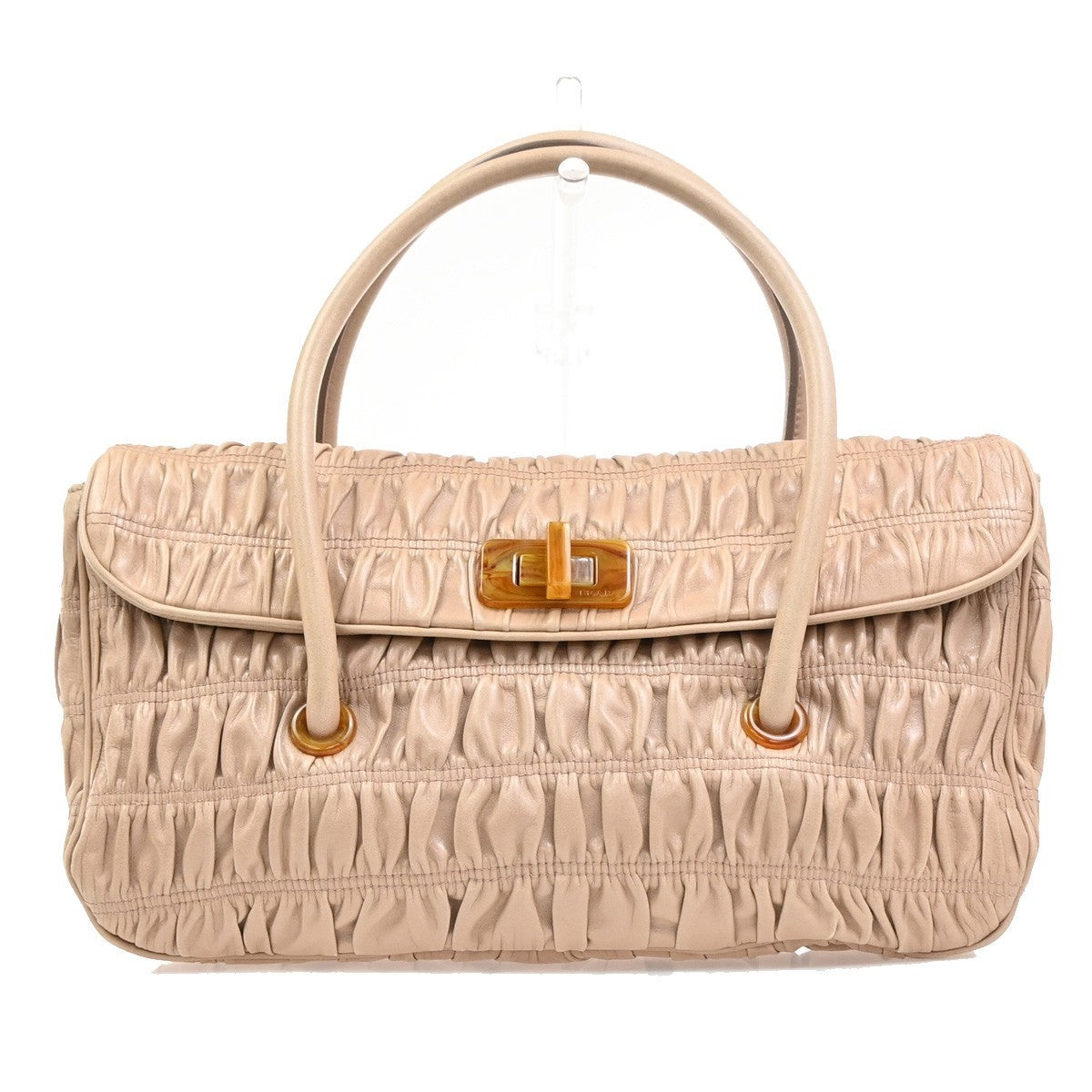PRADA Logo Flap Shoulder Hand Bag Gathered Nappa Leather Beige Italy 70MA395