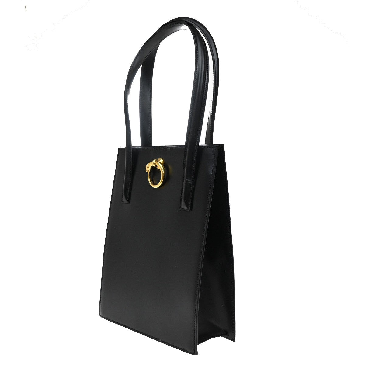 CARTIER Logo Panther Shoulder Hand Bag Leather Black GHW Made In Italy 34KP211