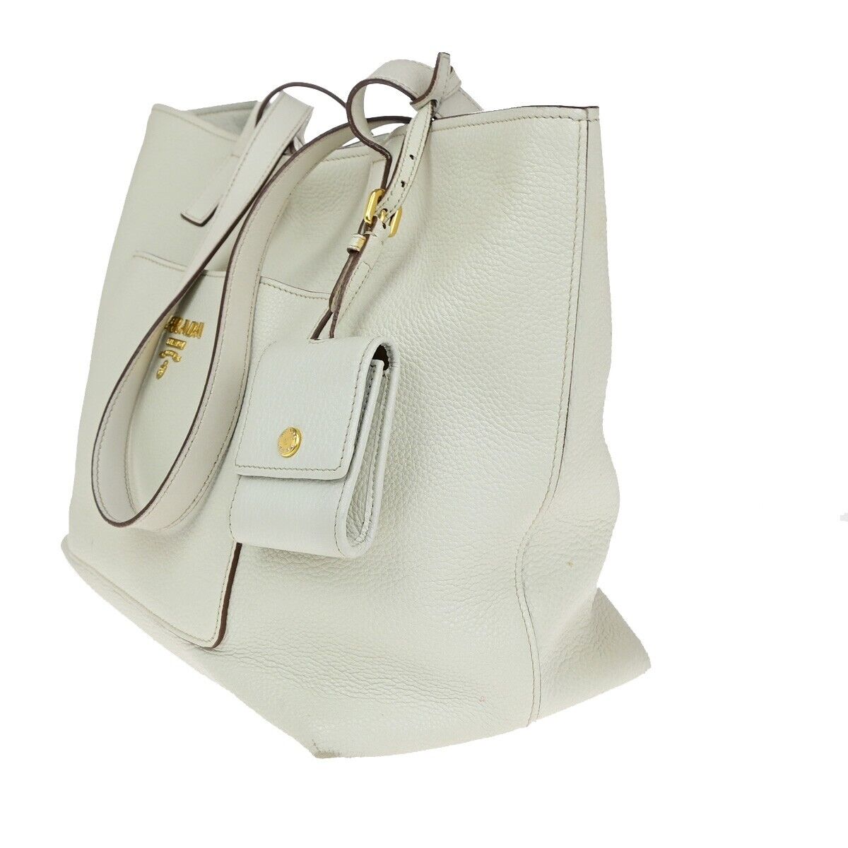 PRADA MILANO Logo Shoulder Hand Tote Bag Leather White Gold 86KA230