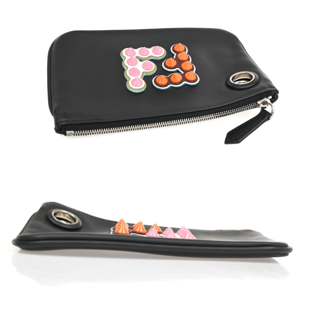 FENDI 3 Set Clutch Pouch Bag Leather Orange Pink Black SHW 34TA570