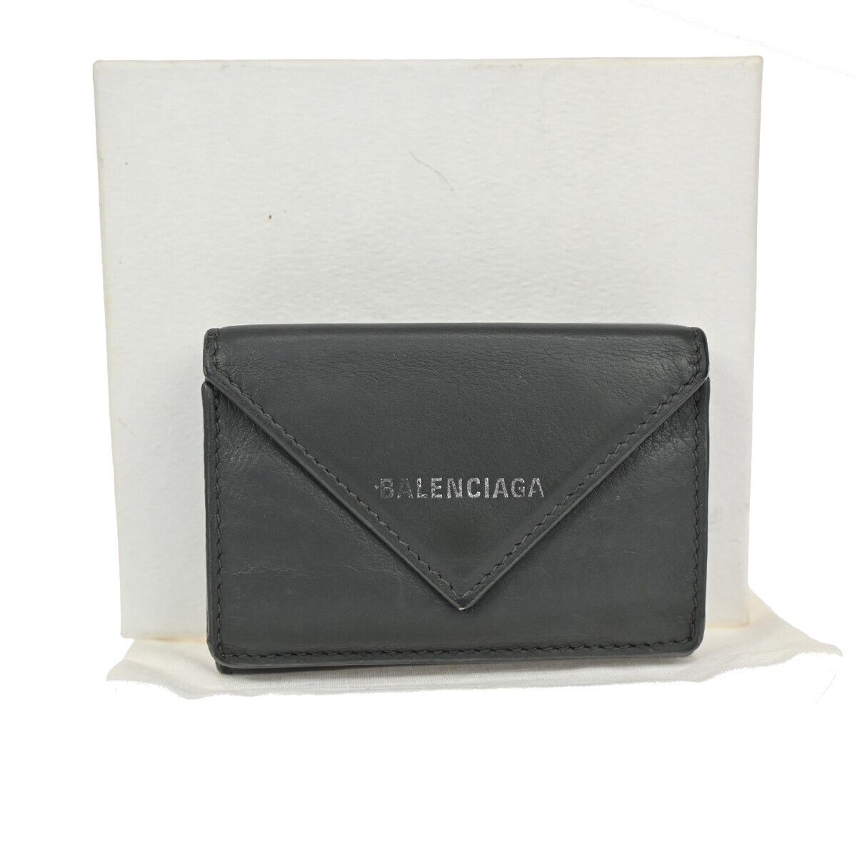 BALENCIAGA Paper Mini Trifold Wallet Purse Leather Gray Silver Italy 09DA072