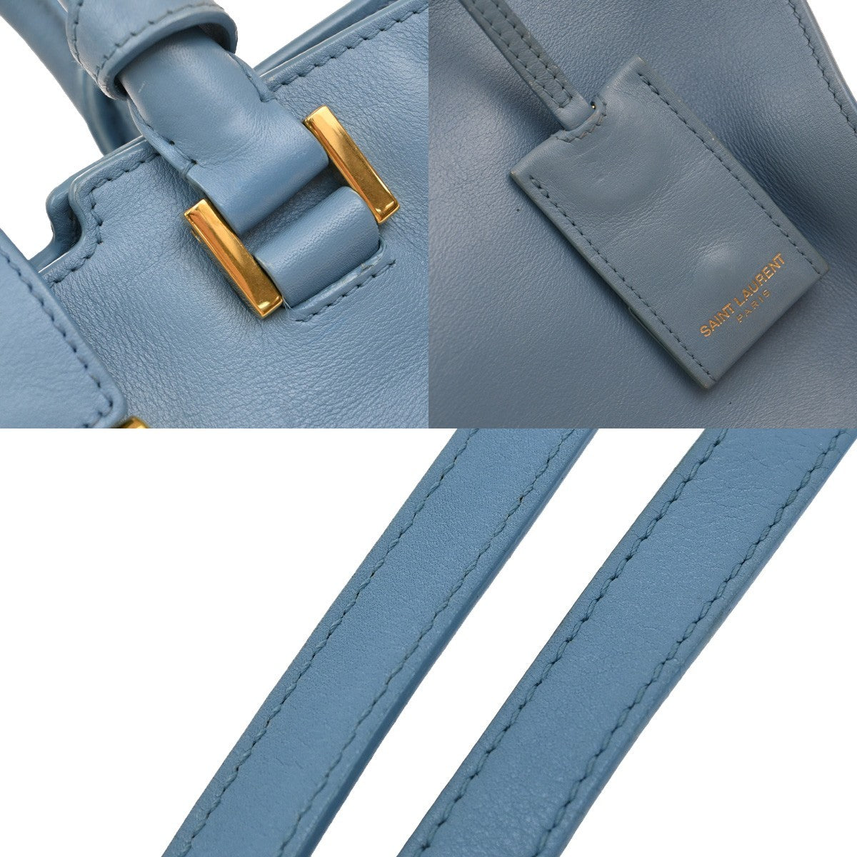 SAINT LAURENT  Logo Classic Y Cabas 2 Way Hand Bag Leather Blue Gold 79KP092