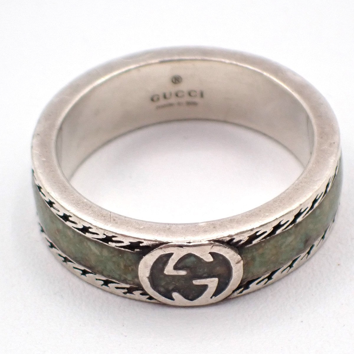 GUCCI Interlocking G Ring Size JP 17 US 8.5 Ag 925 Green Silver Italy 63KP565