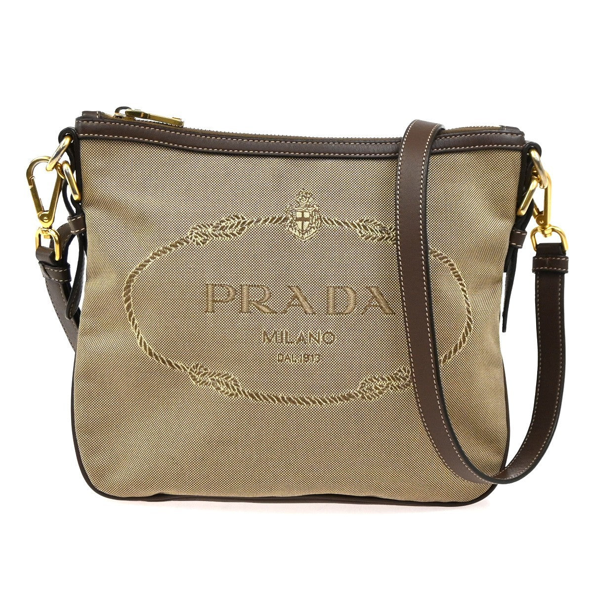 PRADA MILANO Logo Jacquard Shoulder Bag  Leather  Canvas  Brown 19SA060