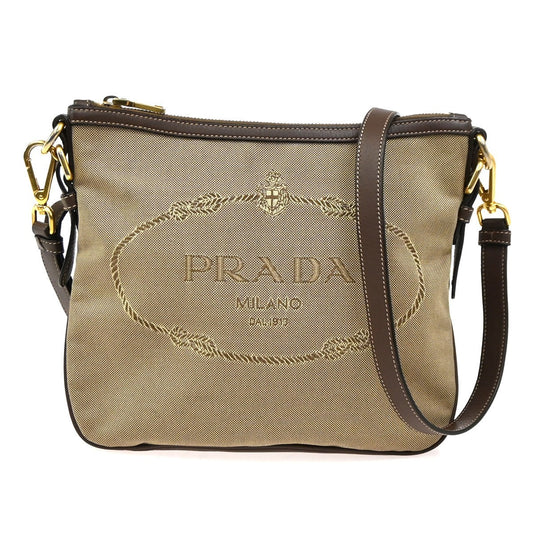 PRADA MILANO Logo Jacquard Shoulder Bag  Leather  Canvas  Brown 19SA060