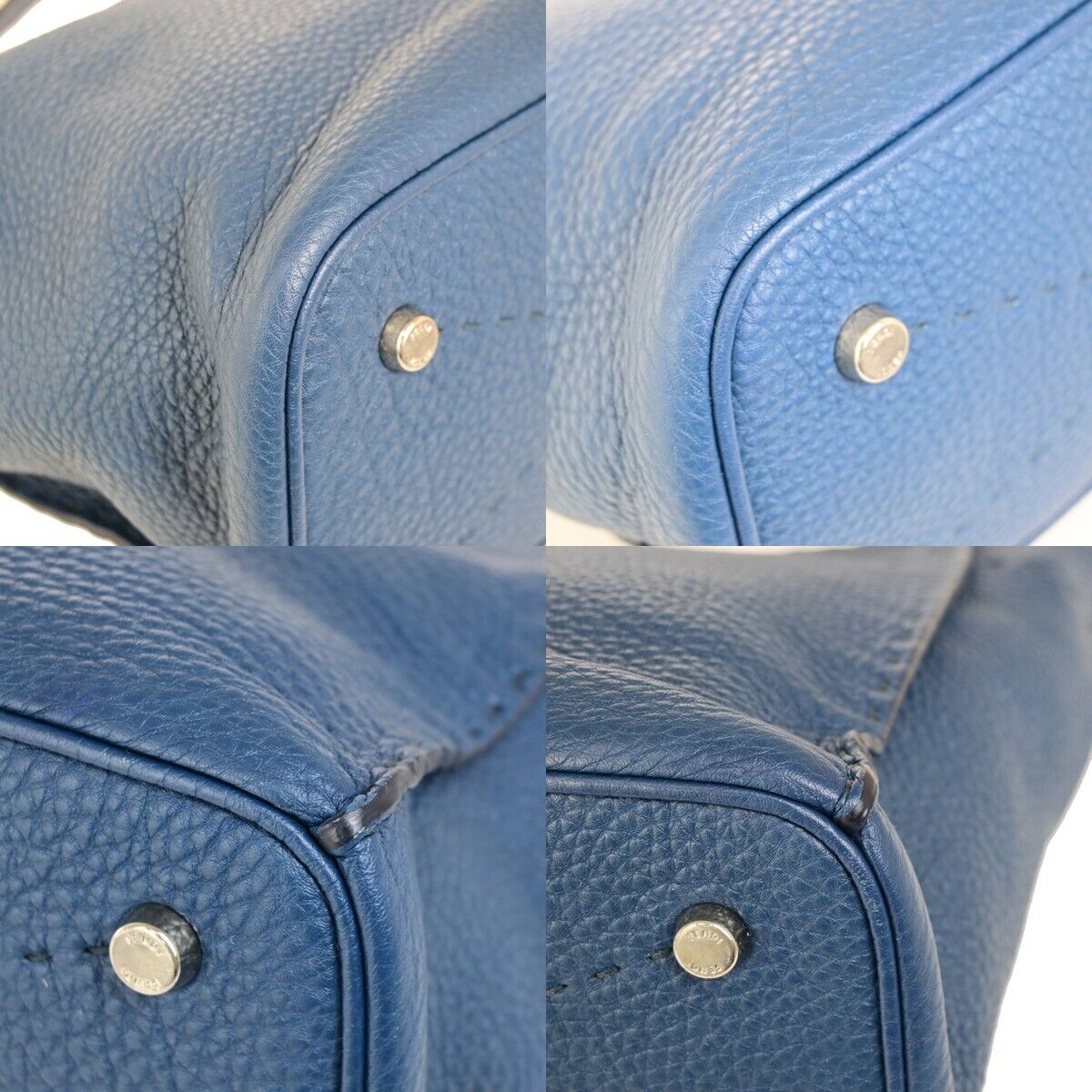 FENDI Logo Anna Selleria Bucket Shoulder Bag Leather Blue Italy 83FB186