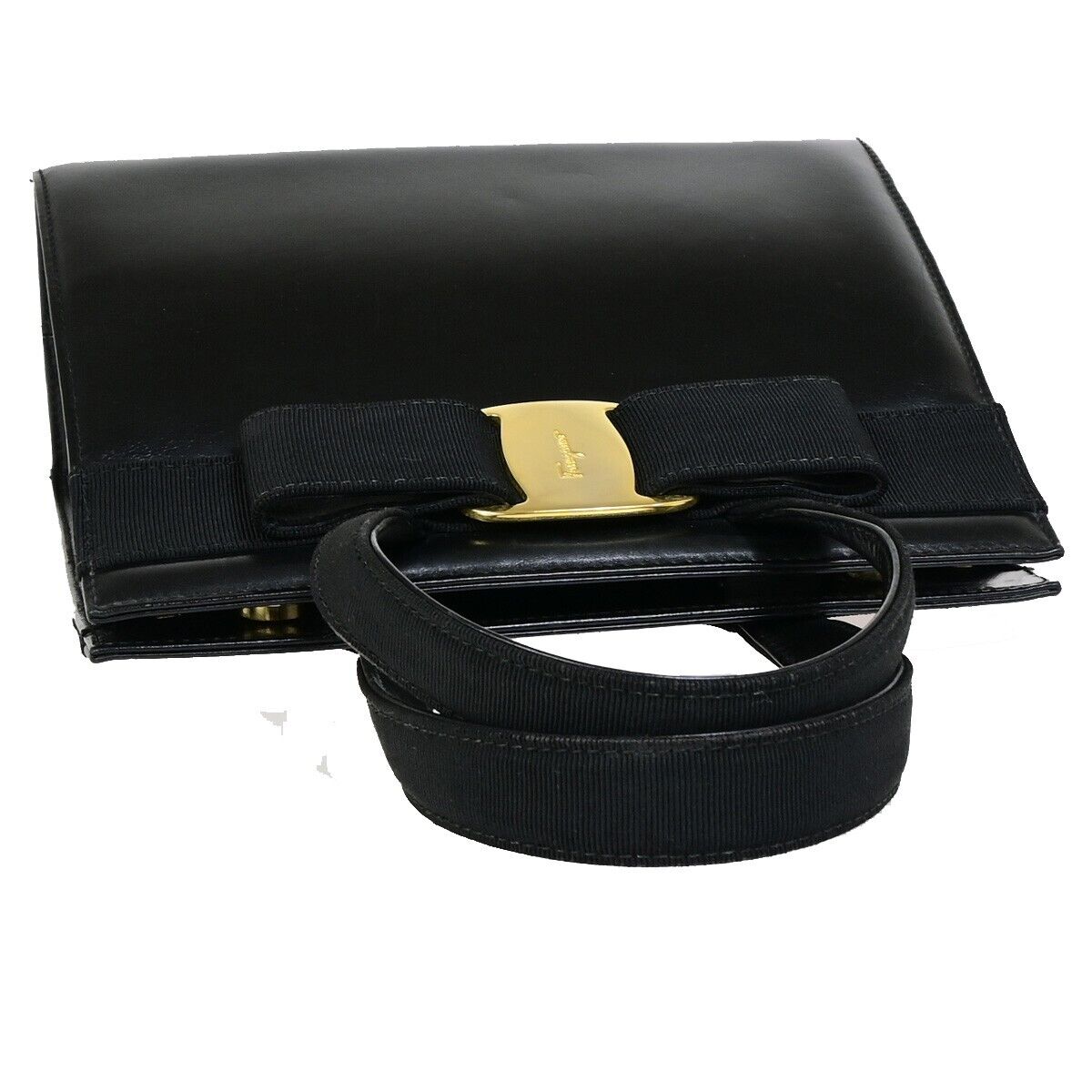 SALVATORE FERRAGAMO Logo Vara Hand Bag Canvas Leather Black Gold Italy 64EC119