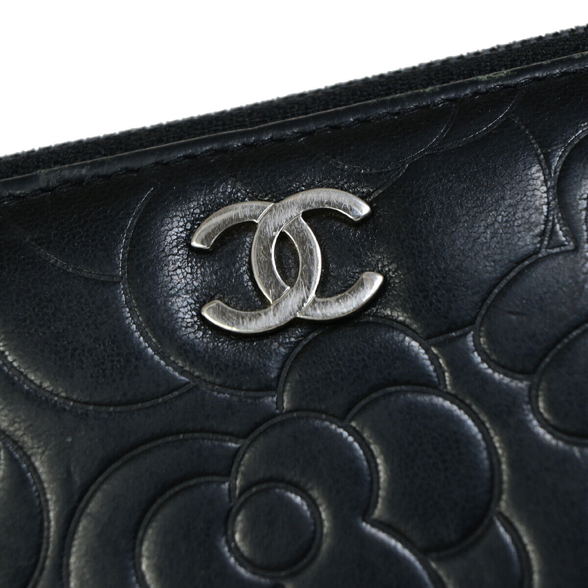 CHANEL CC Logo Camellia Pattern Zip Around Long Wallet Leather Black 30EB556