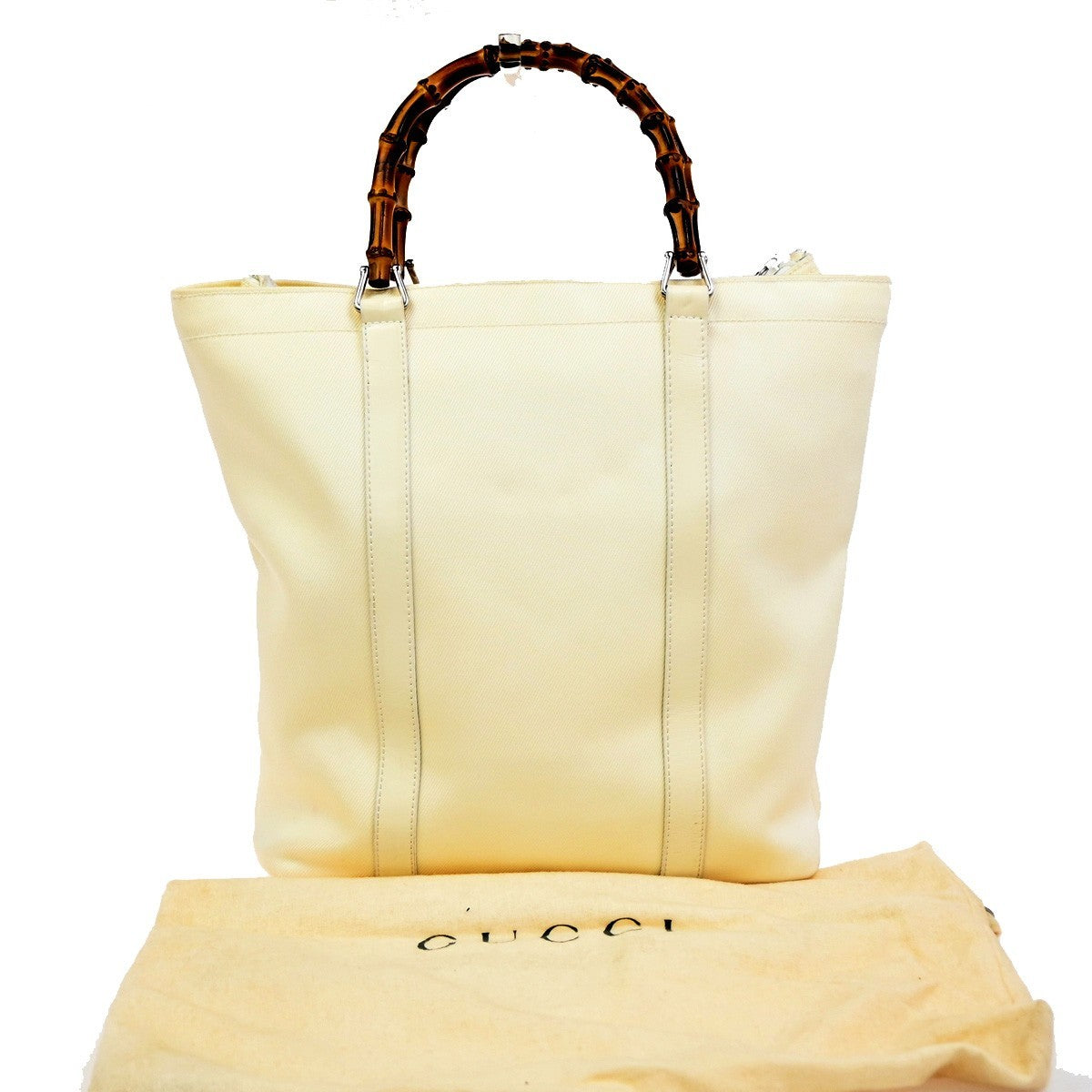 GUCCI Logo Bamboo Tote Handbag Nylon Patent Leather White SHW Italy 66KC967