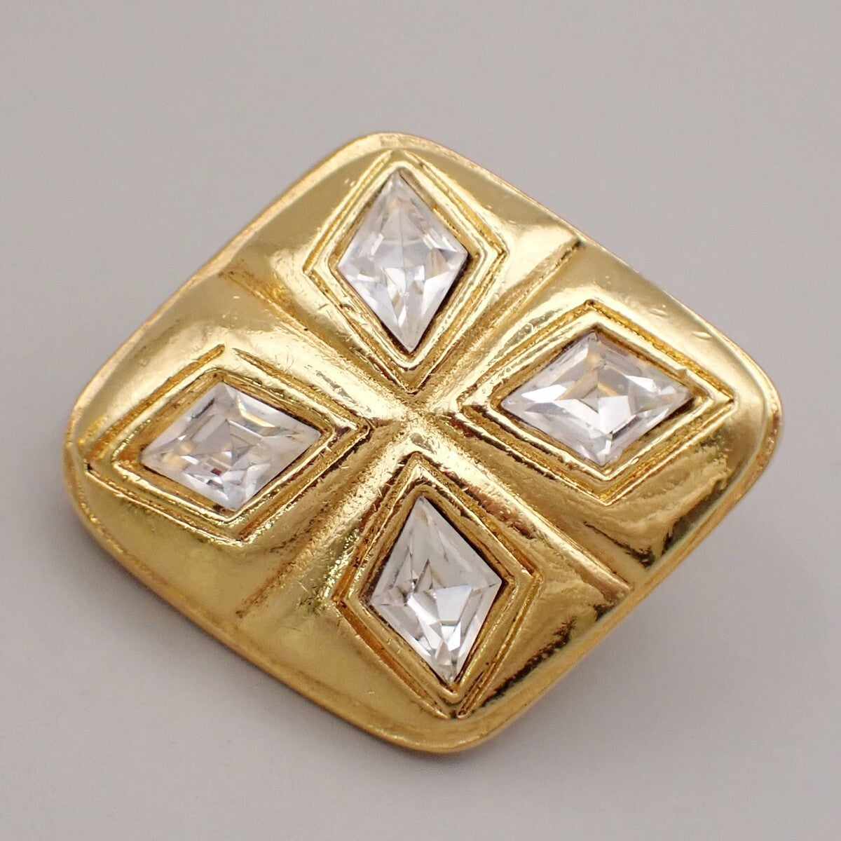 CHANEL Logo Rhinestone Diamond Shape Button Earrings Clip-On GHW 31RL075