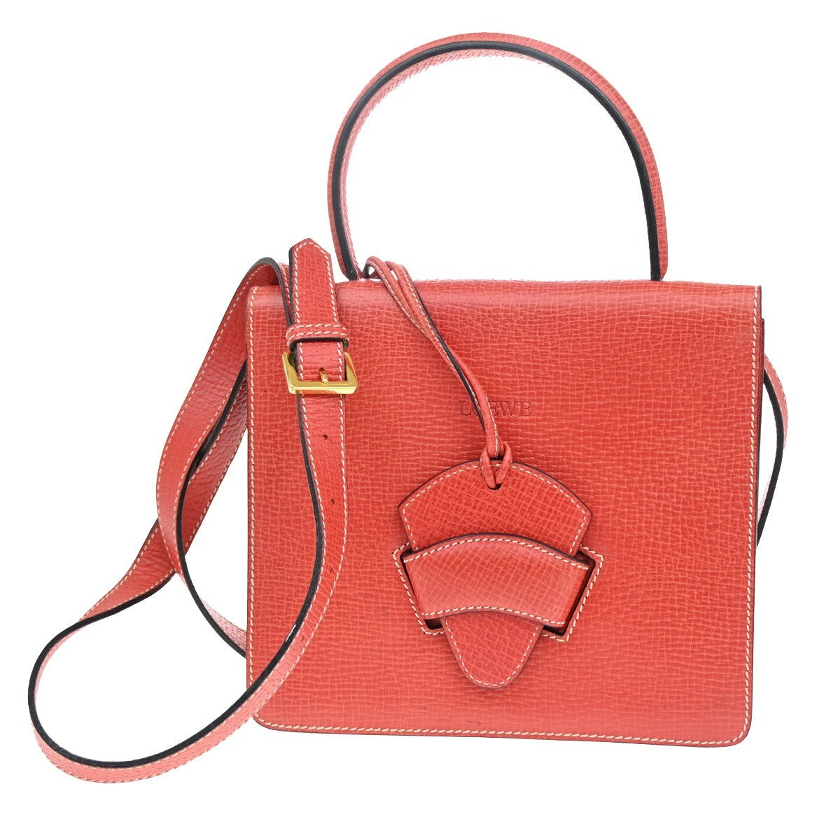 LOEWE Logo Barcelona 2Way Shoulder Bag Embossing Leather Red GHW 82RL551