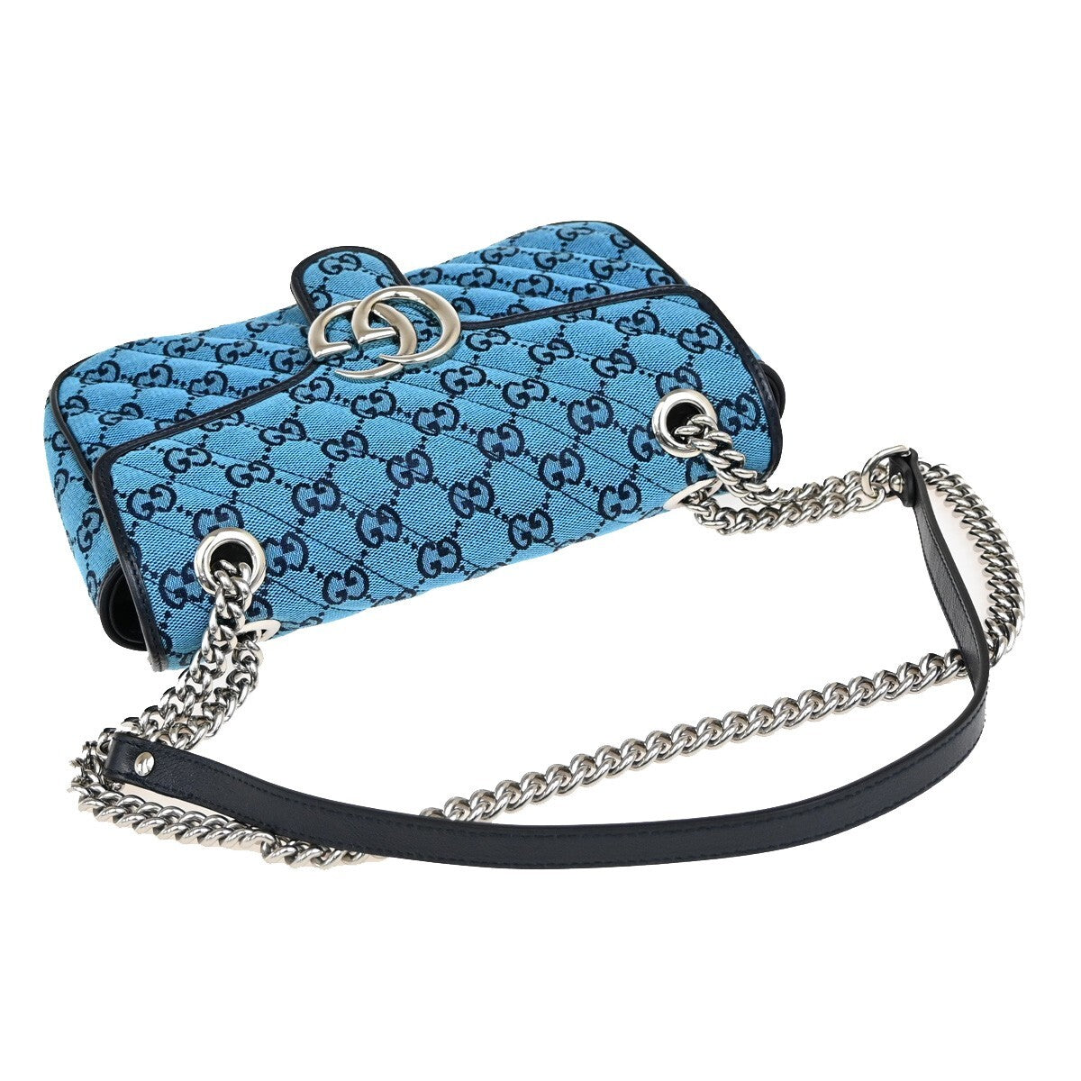 GUCCI GG Pattern Marmont Chain Shoulder Bag Canvas Leather Blue SHW 631RF272