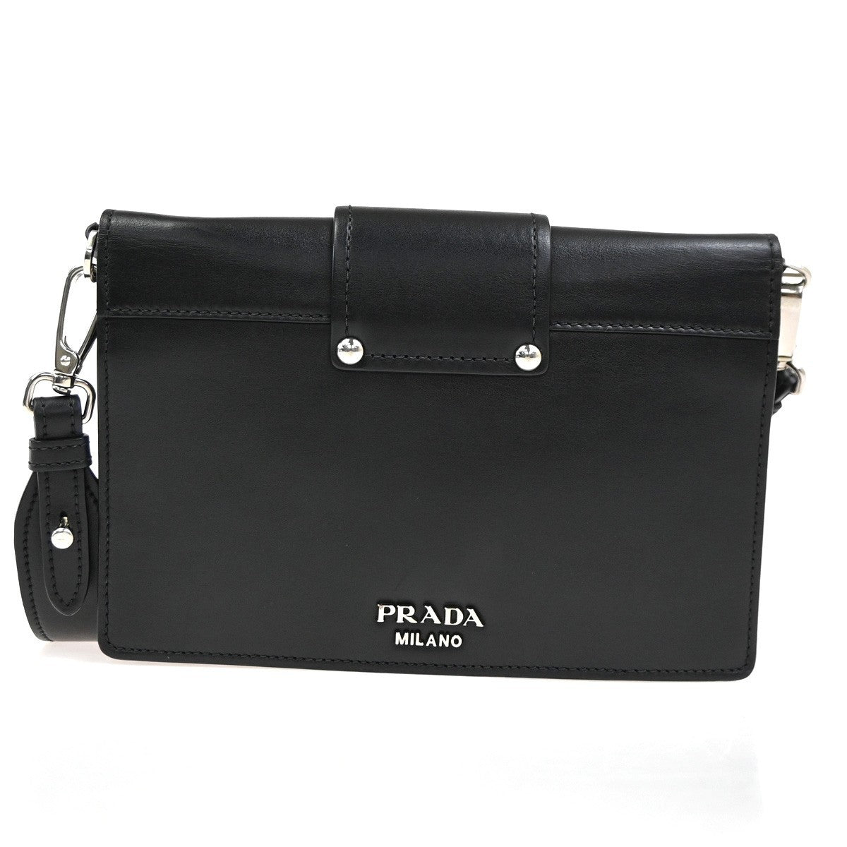 PRADA Logo Metal Ribbon Mini Shoulder Bag City Calf Leather Black SHW 79YJ076