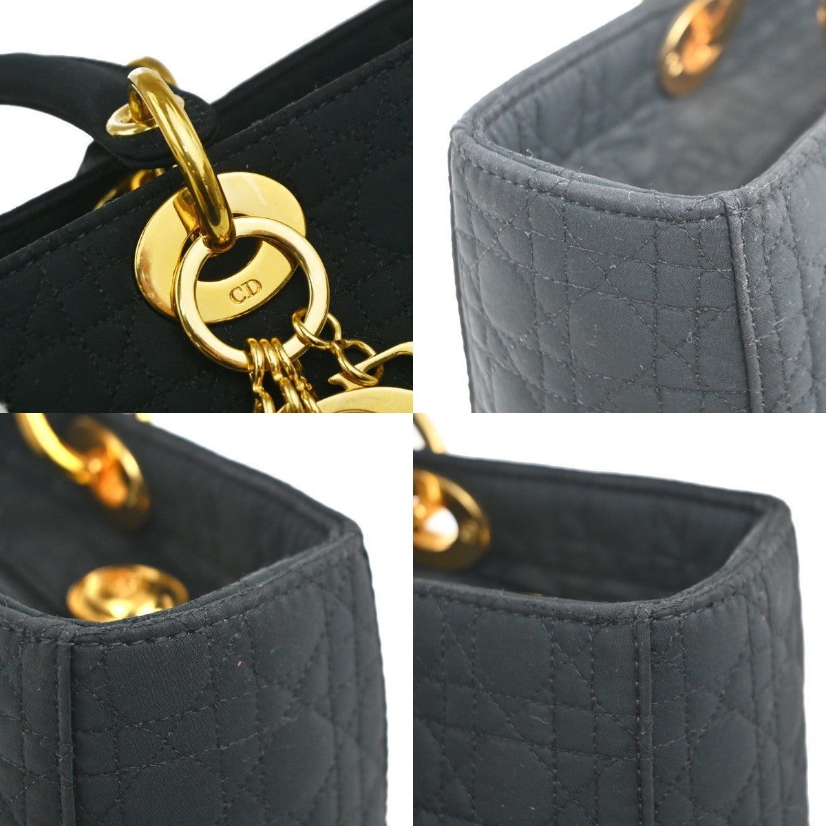 CHRISTIAN DIOR Logo Lady Cannage Hand Bag  Nylon Leather Black GHW Italy 79KC991