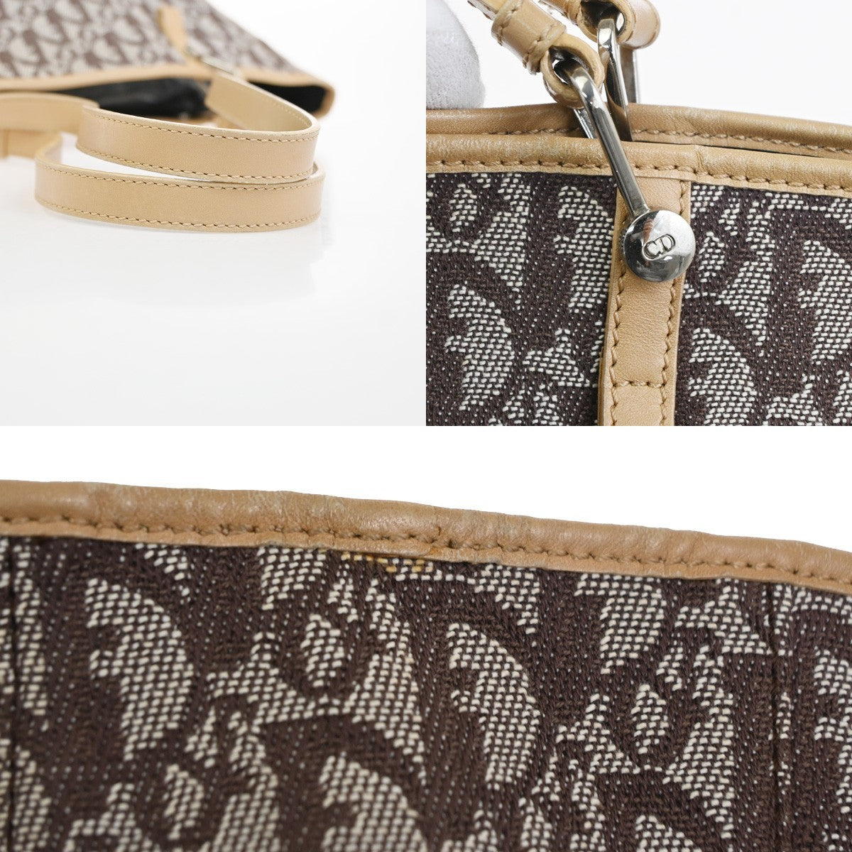 CHRISTIAN DIOR Logo Trotter Shoulder Bag Canvas Leather Beige Brown SHW 14TA622