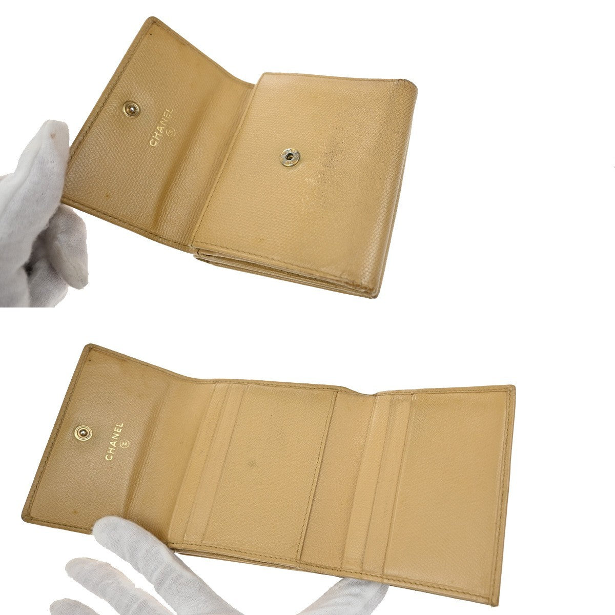 CHANEL CC Logo Trifold Compact Wallet Leather Beige GHW Italy 60KB352
